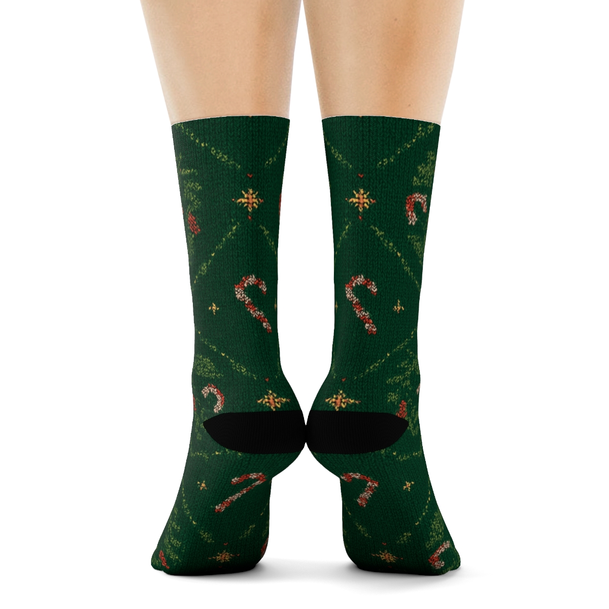 Embroidered Poinsettia Wreath Lattice On Pine Green Background trendy patterned crew socks