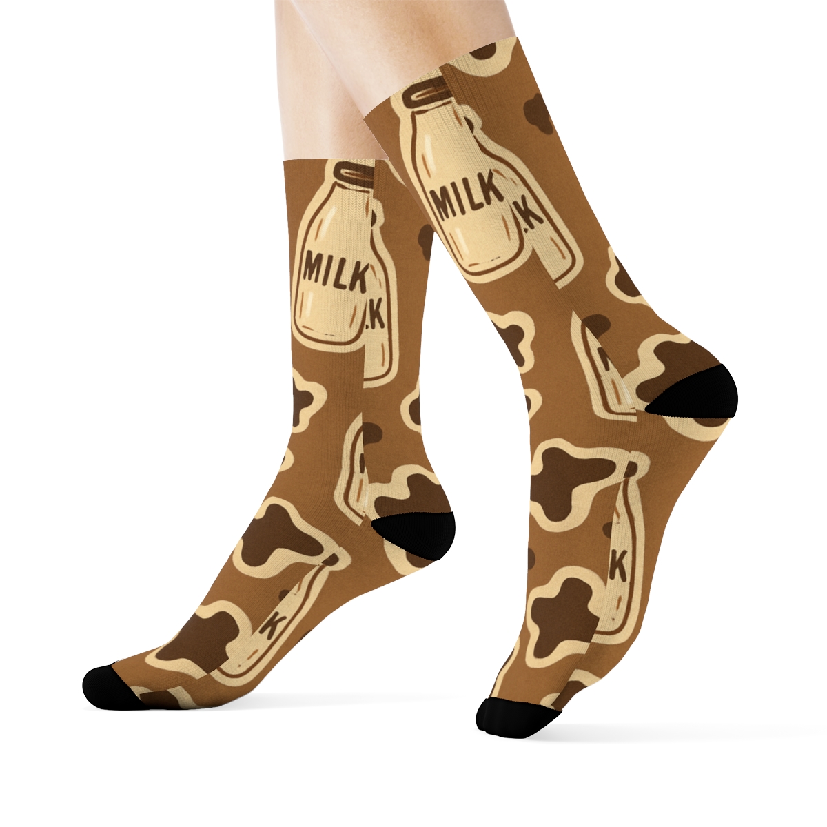 Milk Bottle Scatter On Sepia Field designer printed crew socks
