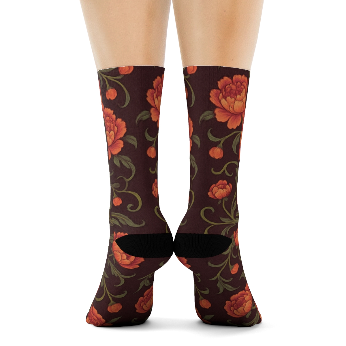Sunset Peony Garland Mirror Repeat On Deep Plum Background soft everyday crew socks