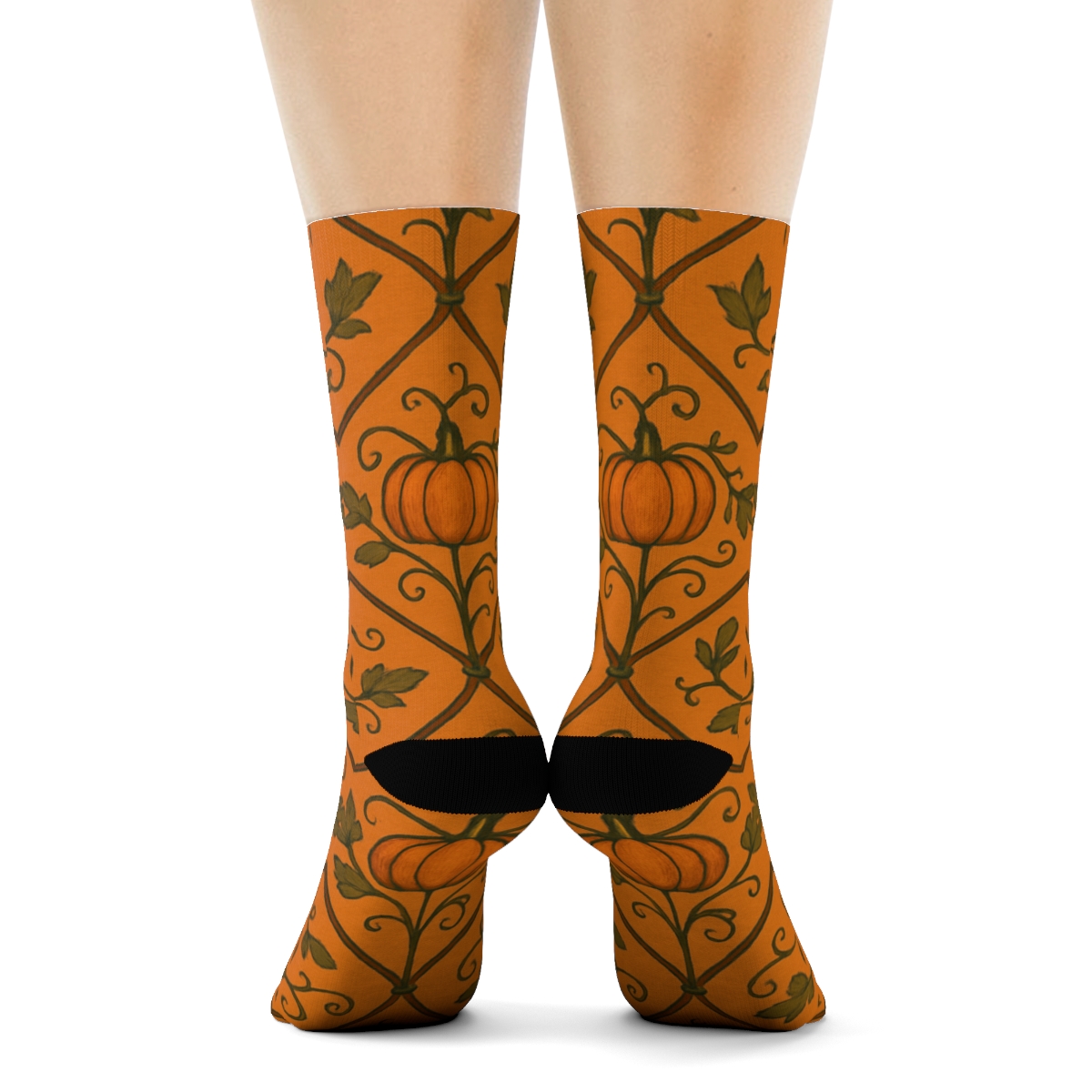 Pumpkin Vine Trellis Repeat On Orange Background comfortable cotton crew socks