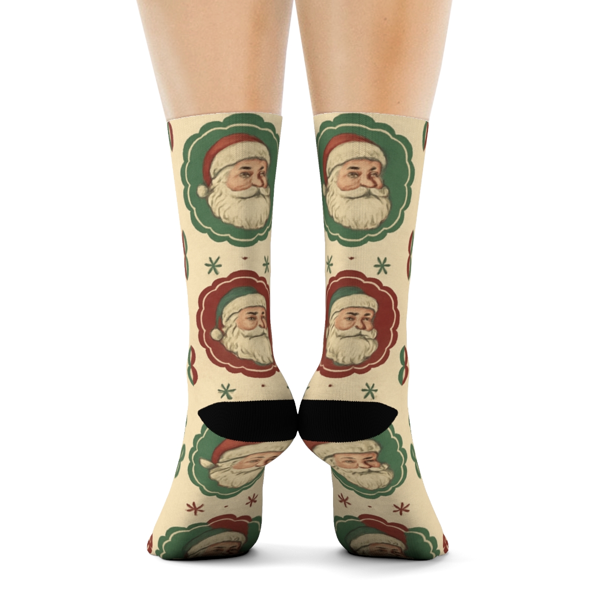 Vintage Holiday Santa Repeat On Cream trendy patterned crew socks