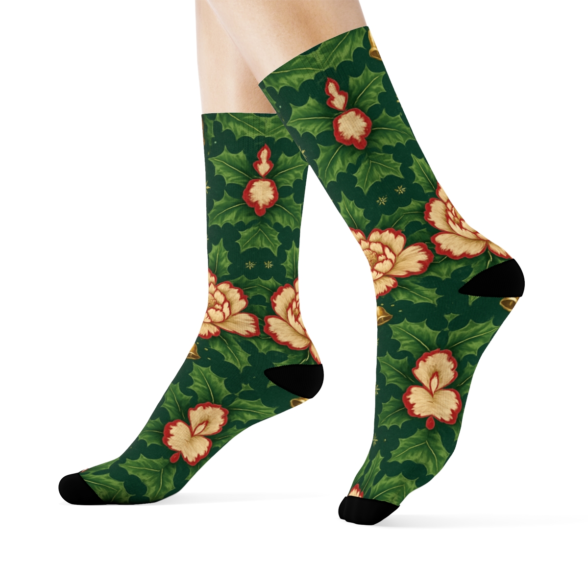 Holly Peony Lattice On Midnight Green Background soft everyday crew socks
