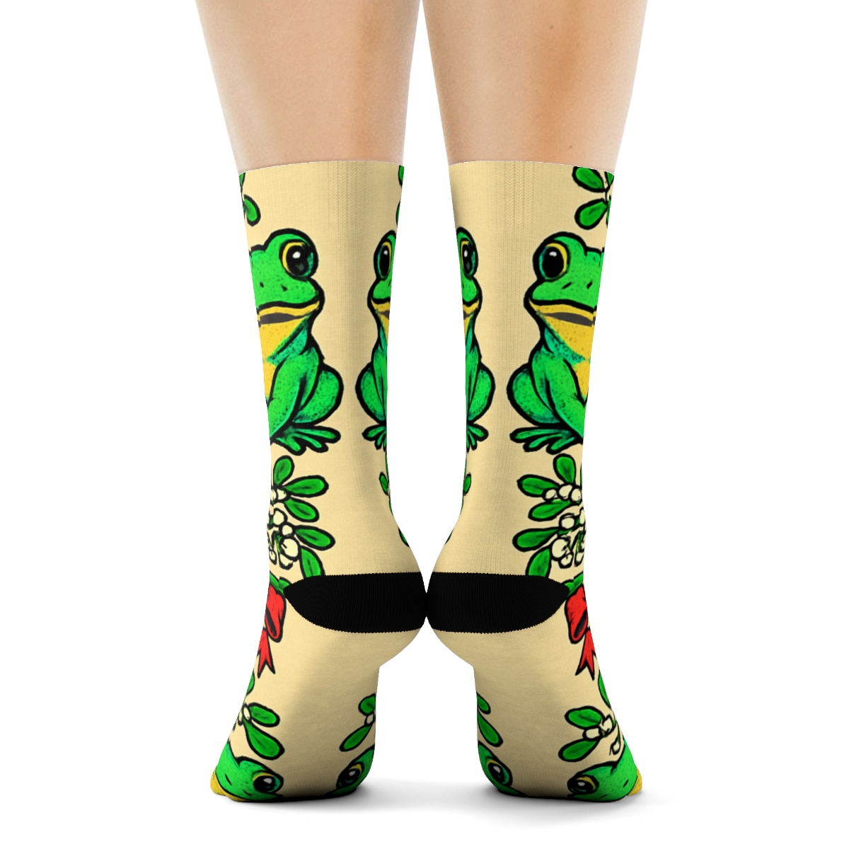 Frog Mistletoe Mirror Pairs On Beige Background premium sports crew socks