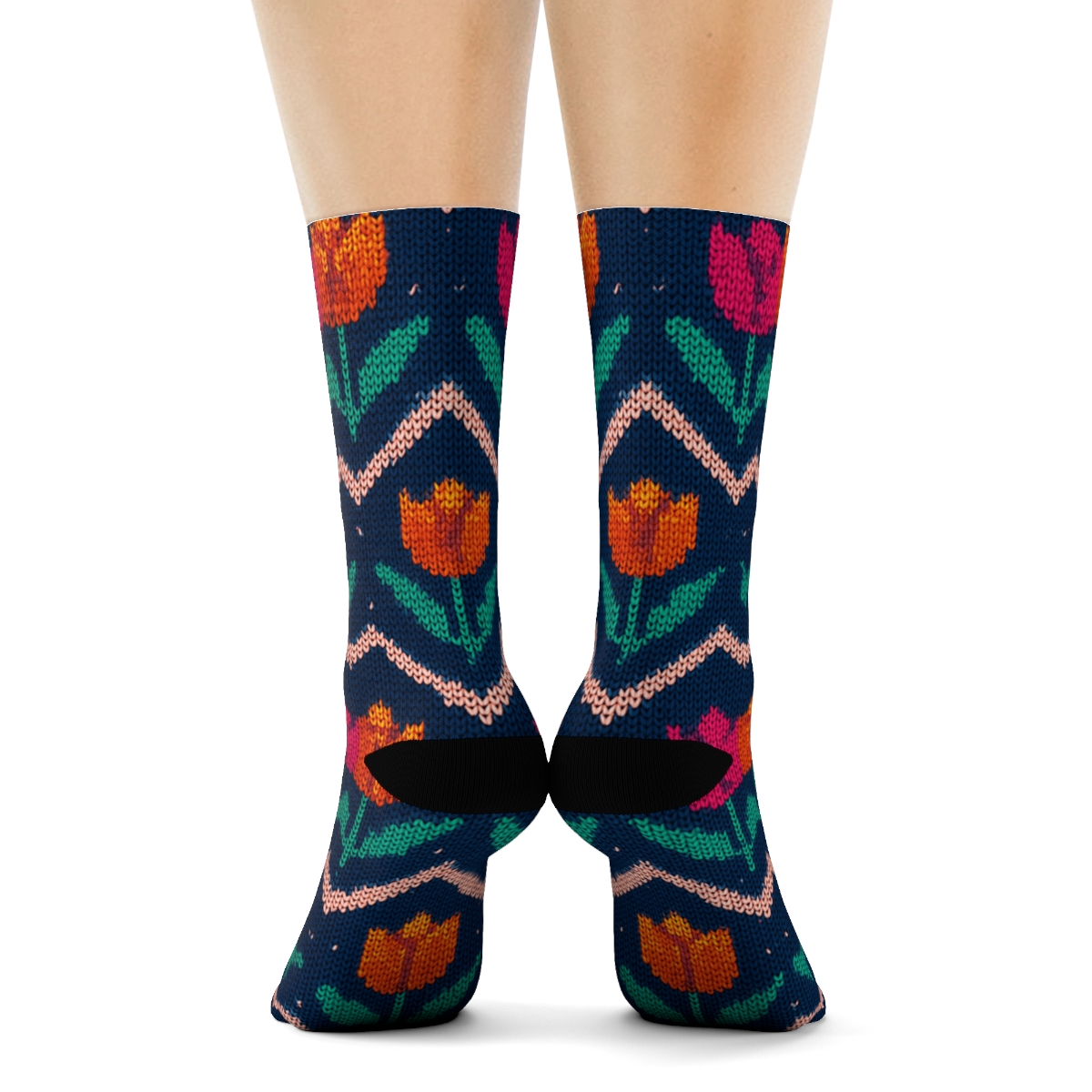 Sunset Tulip Chevron Knit On Navy Blue Background custom crew socks