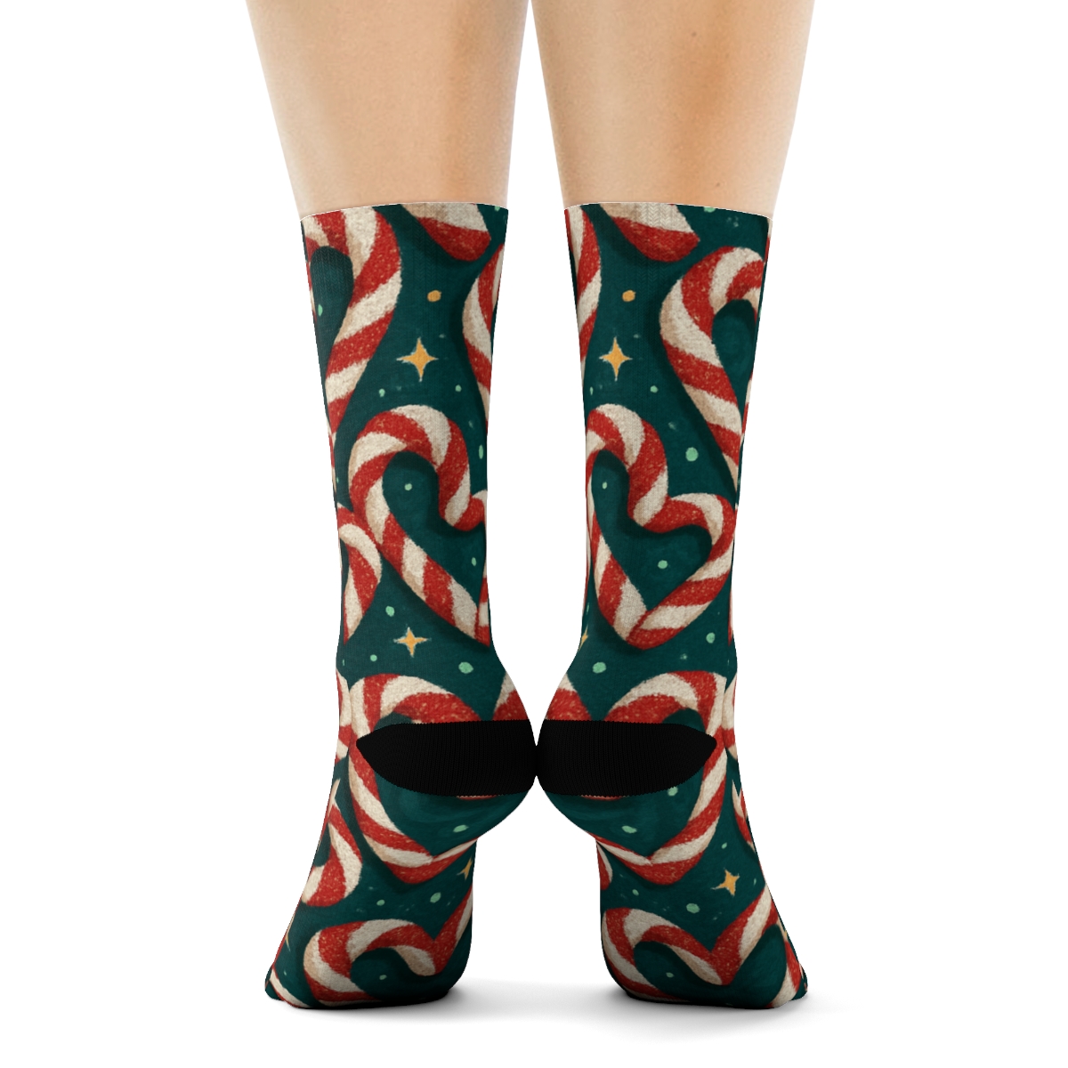 Candy Canes Heart Tessellation On Deep Teal Field premium sports crew socks