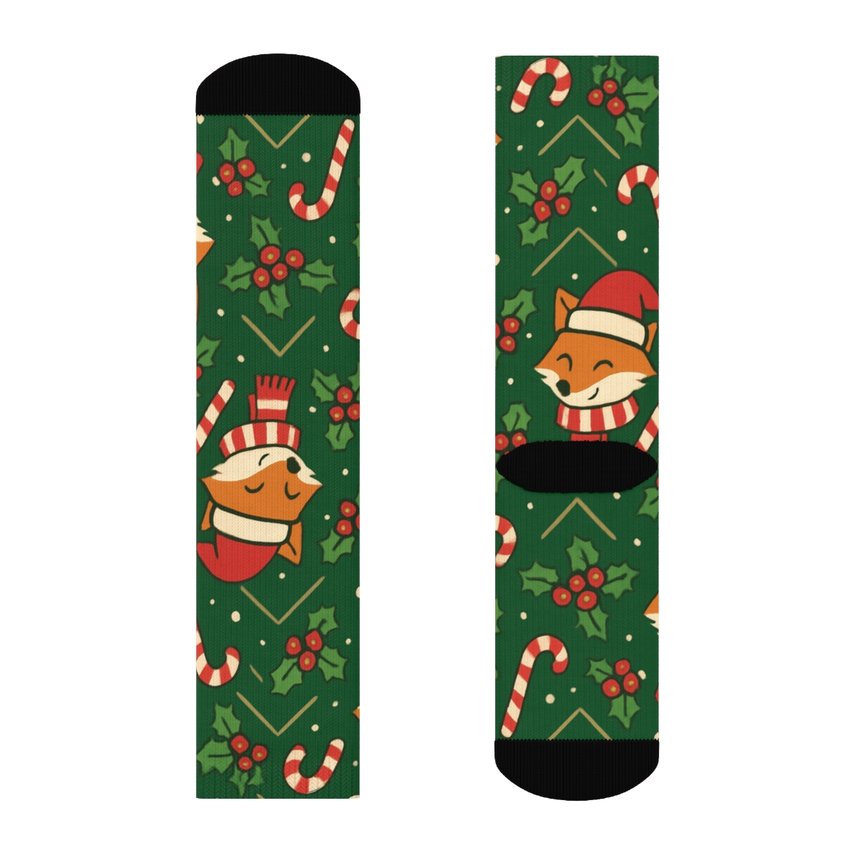 Candy Cane Fox Chevron On Forest Green Background designer printed crew socks