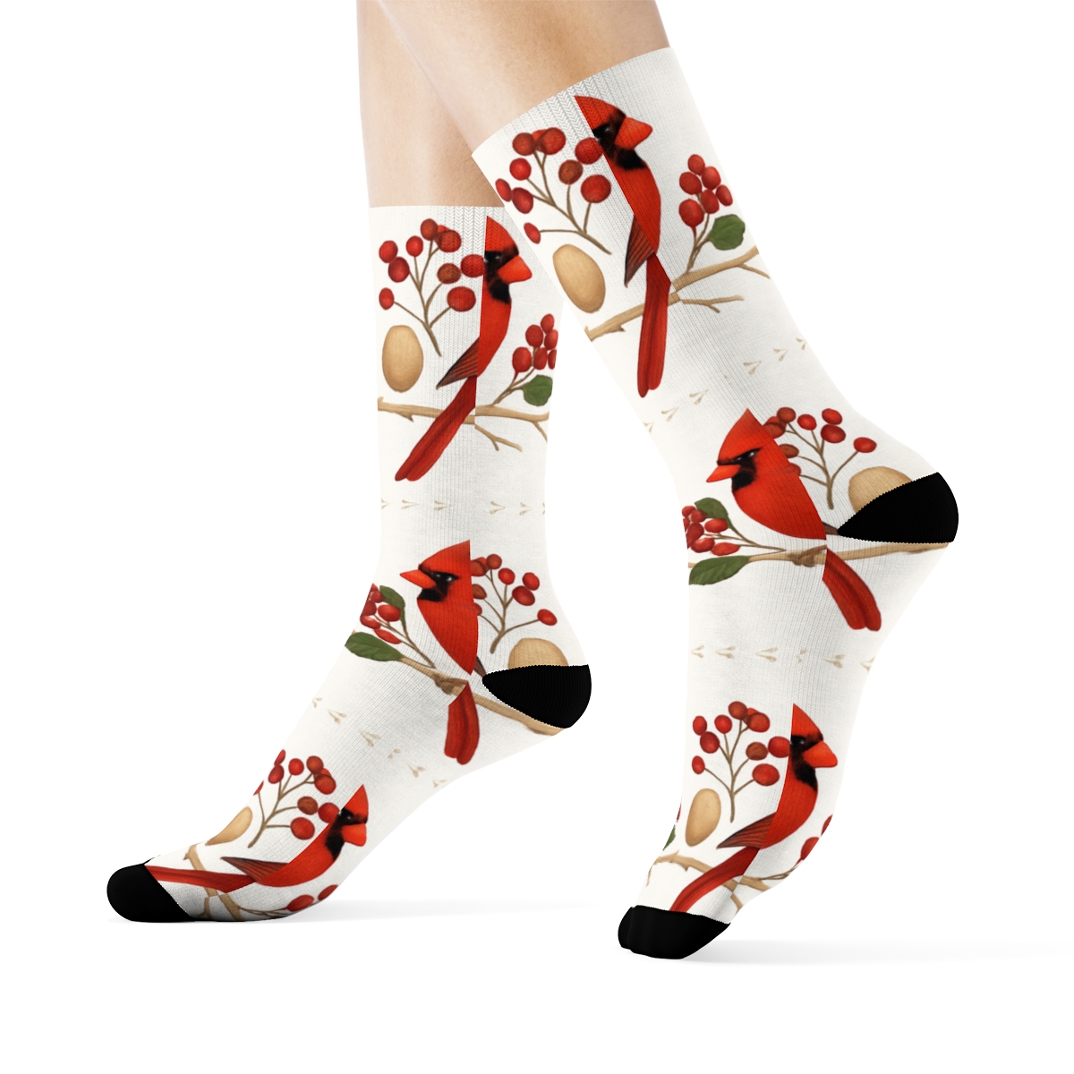 Cardinal Banded Branch Repeat On White Background designer printed crew socks