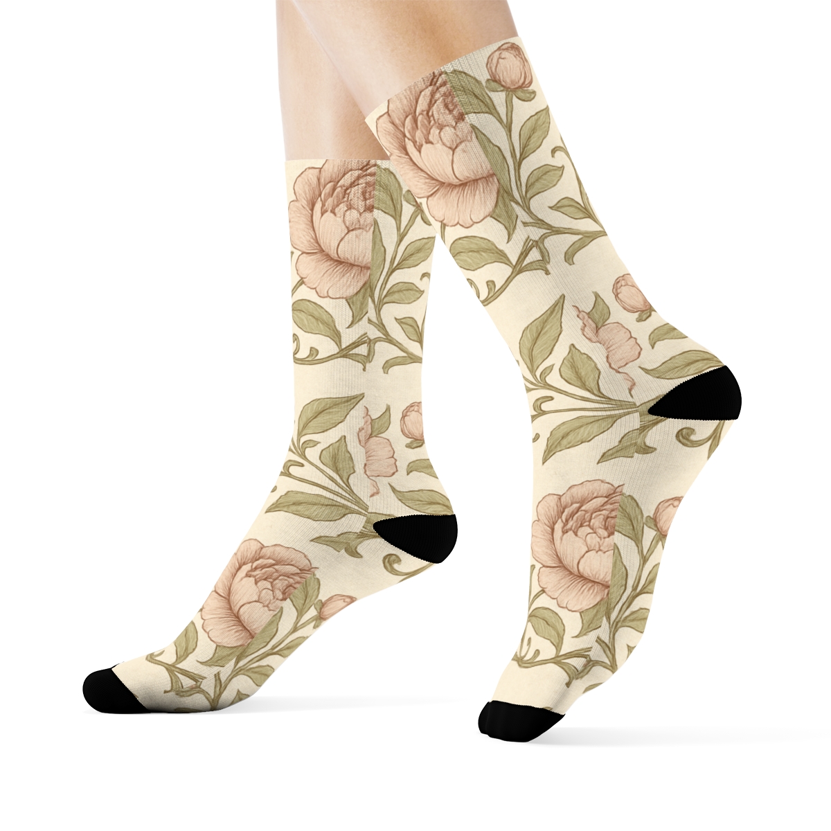 Vintage Peony Herbarium Border Repeat On Ivory Background comfortable cotton crew socks