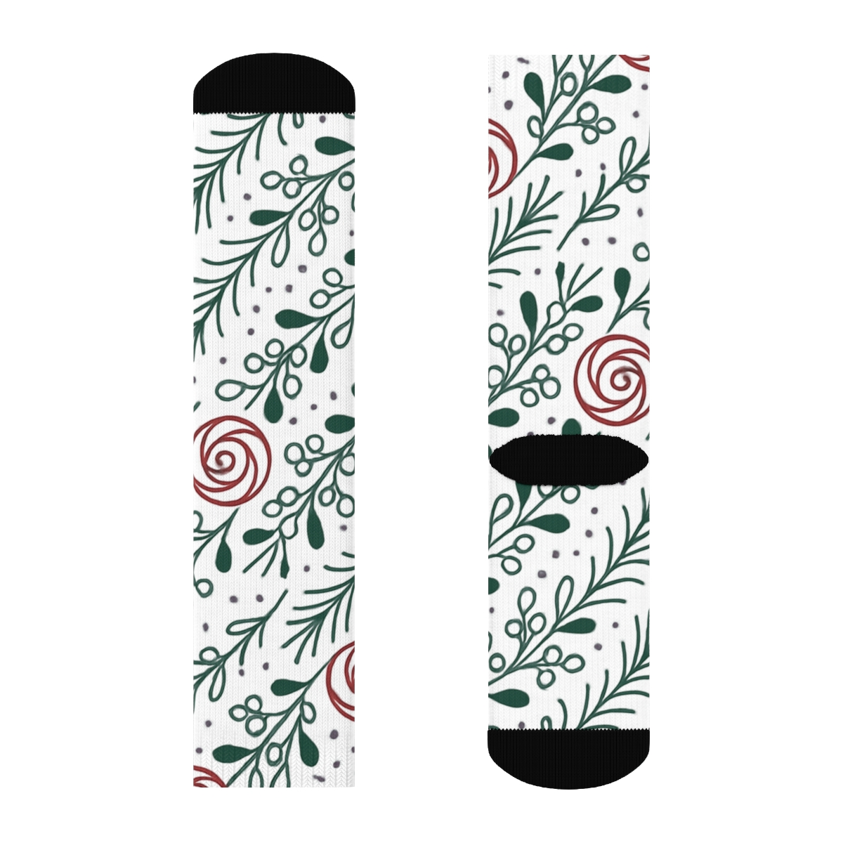 Candy Cane Rose Vines Diagonal Repeat On Snow White Background designer printed crew socks