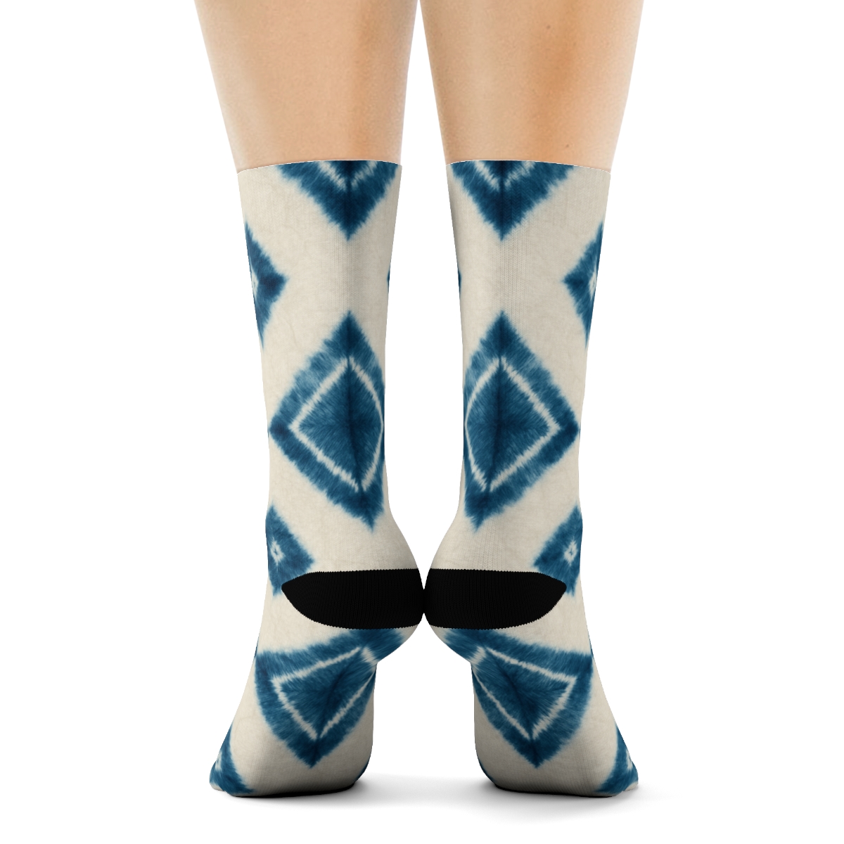 Indigo Shibori Diamond March On Ivory Field designer printed crew socks