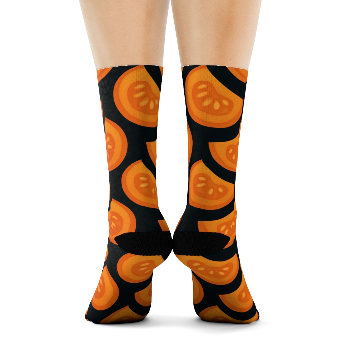 Orange Pumpkin Slice Scale Pattern On Black Background soft everyday crew socks