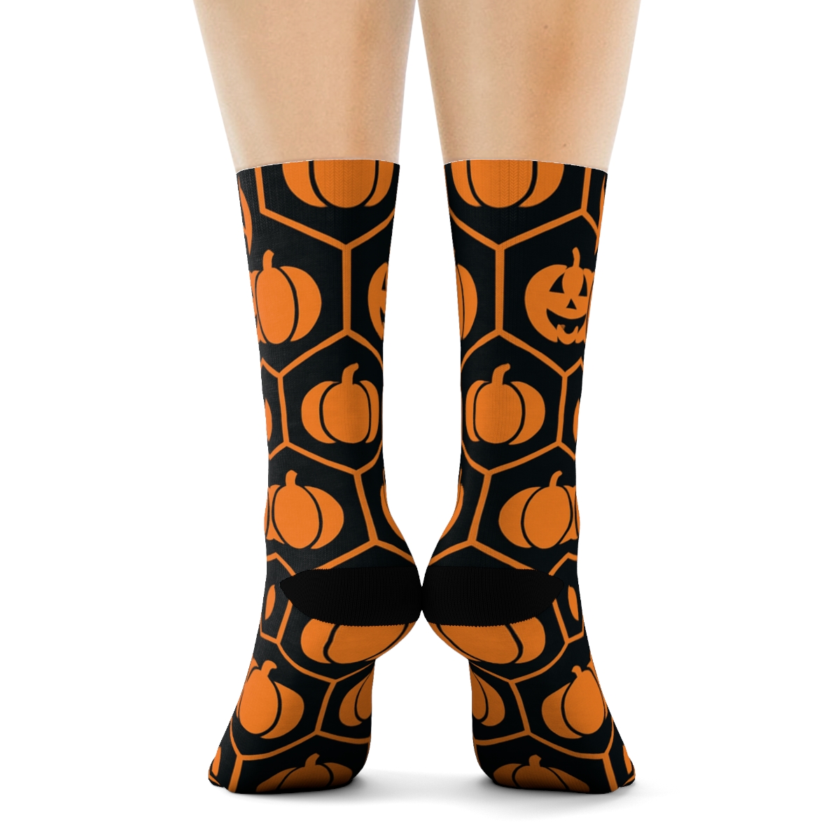 Orange Pumpkin Hex Tile Mosaic On Black Background trendy patterned crew socks