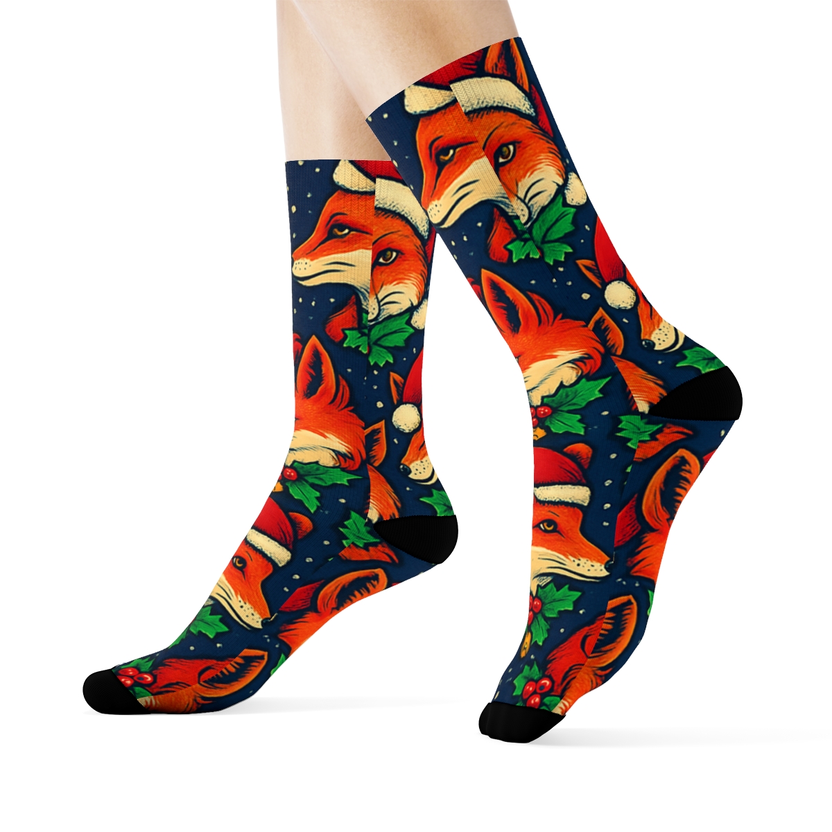 Holly Collar Fox Lattice On Deep Navy Background trendy patterned crew socks