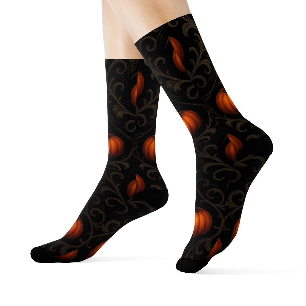 Orange Pumpkin Vine Lattice And Web Filigree On Black Background premium sports crew socks