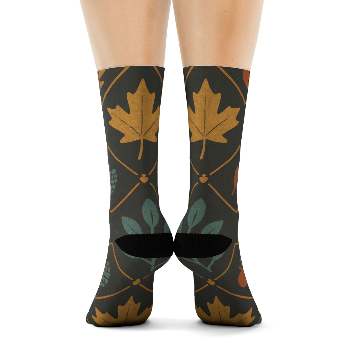 Minimalist Leaf Silhouette Lattice On Charcoal Background custom crew socks