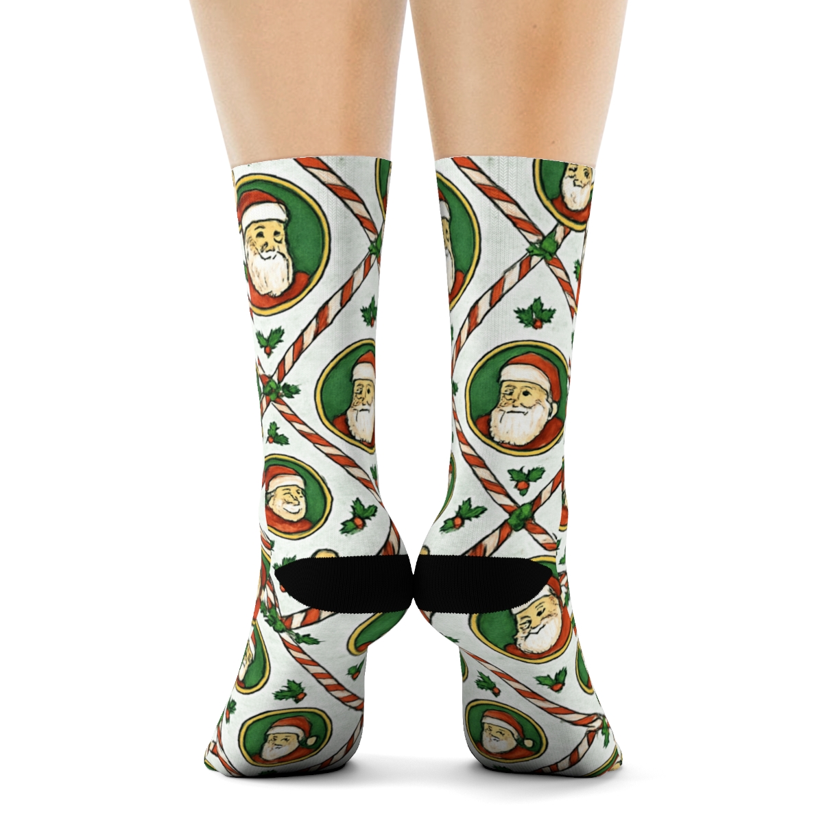 Candy Cane Lattice With Santa Claus Cameos custom crew socks