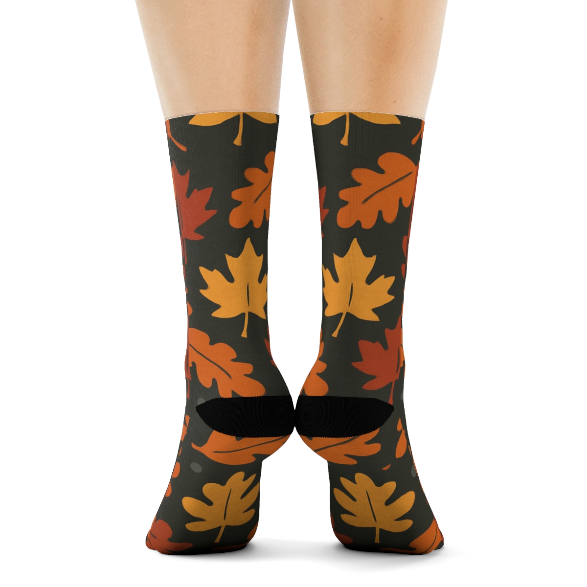 Golden Leaf Silhouette Wave On Charcoal Background trendy patterned crew socks