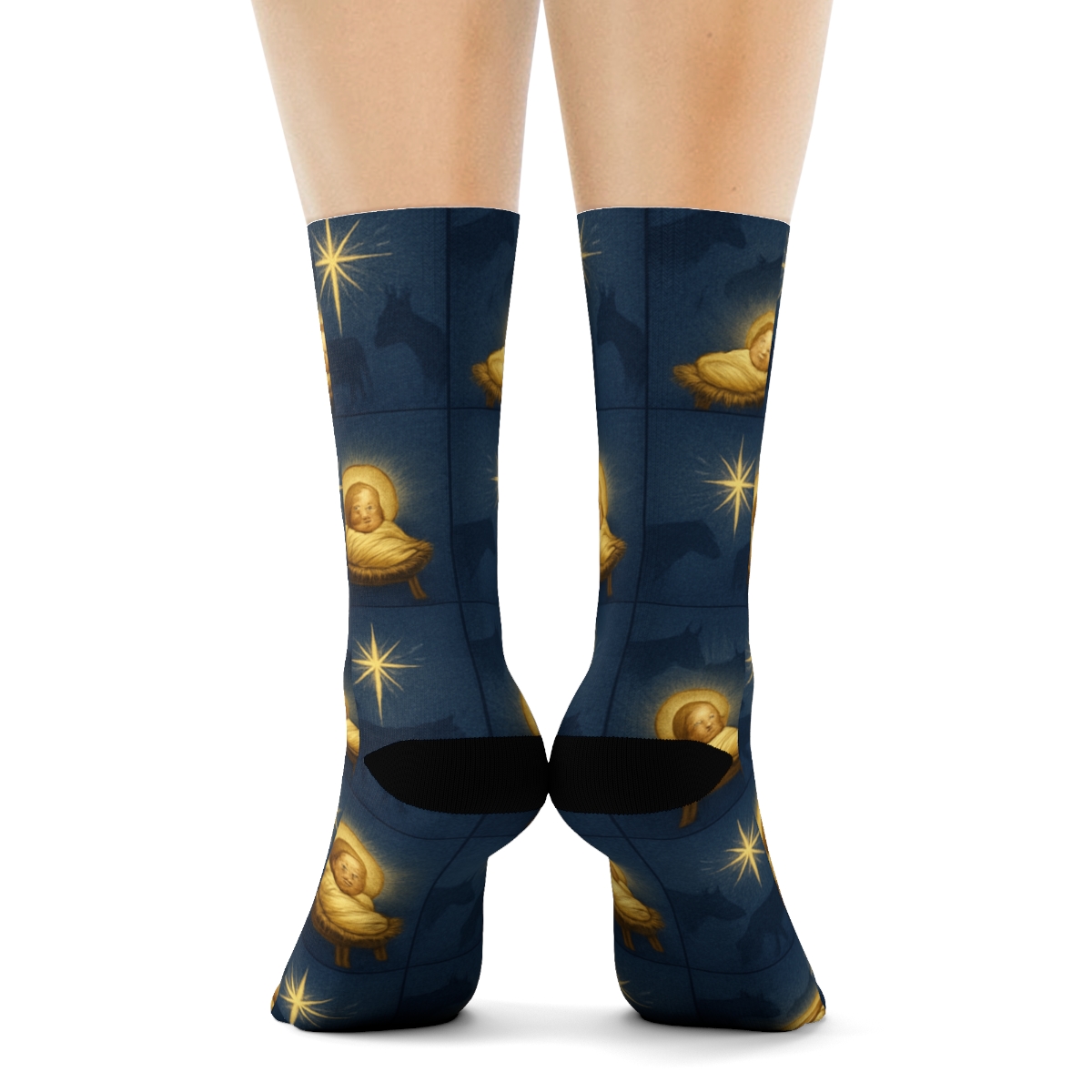 Haloed Manger Grid With Baby Jesus unique graphic crew socks