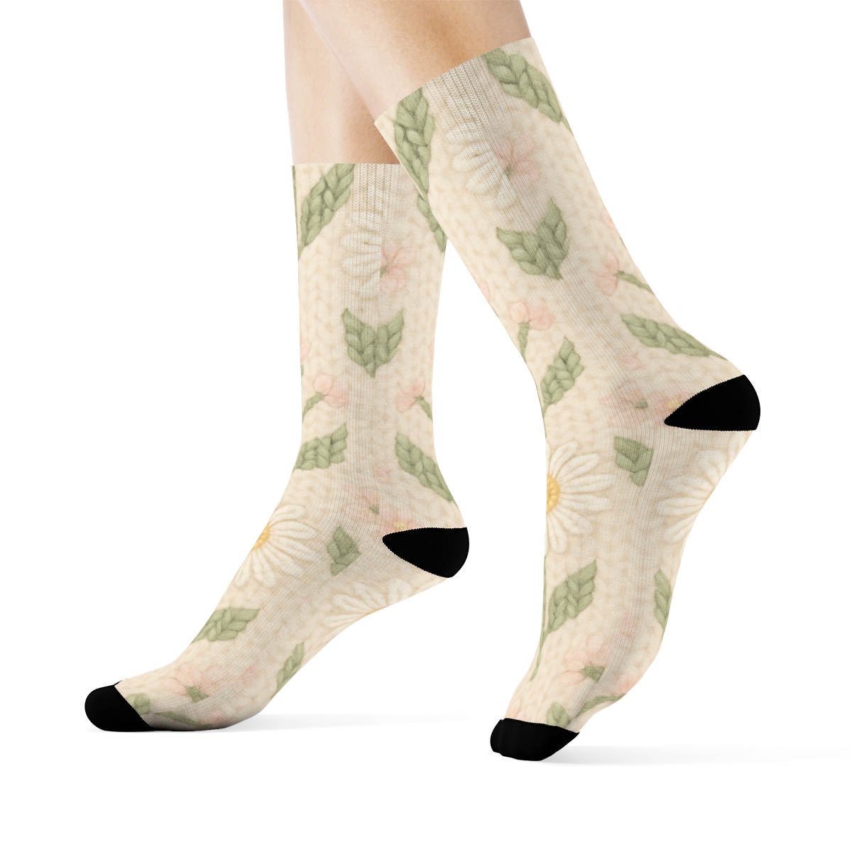 Sage Wildflower Knitted Lattice On Warm Cream Background trendy patterned crew socks