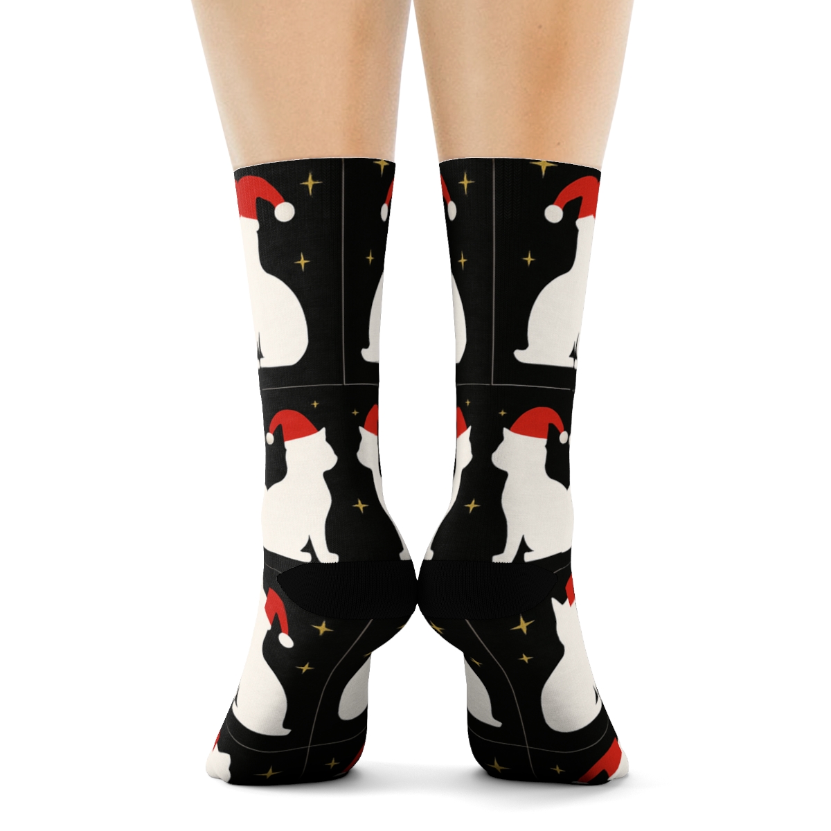 Santa Hat Cat Mirrored Pair Tiles On Black Background unique graphic crew socks