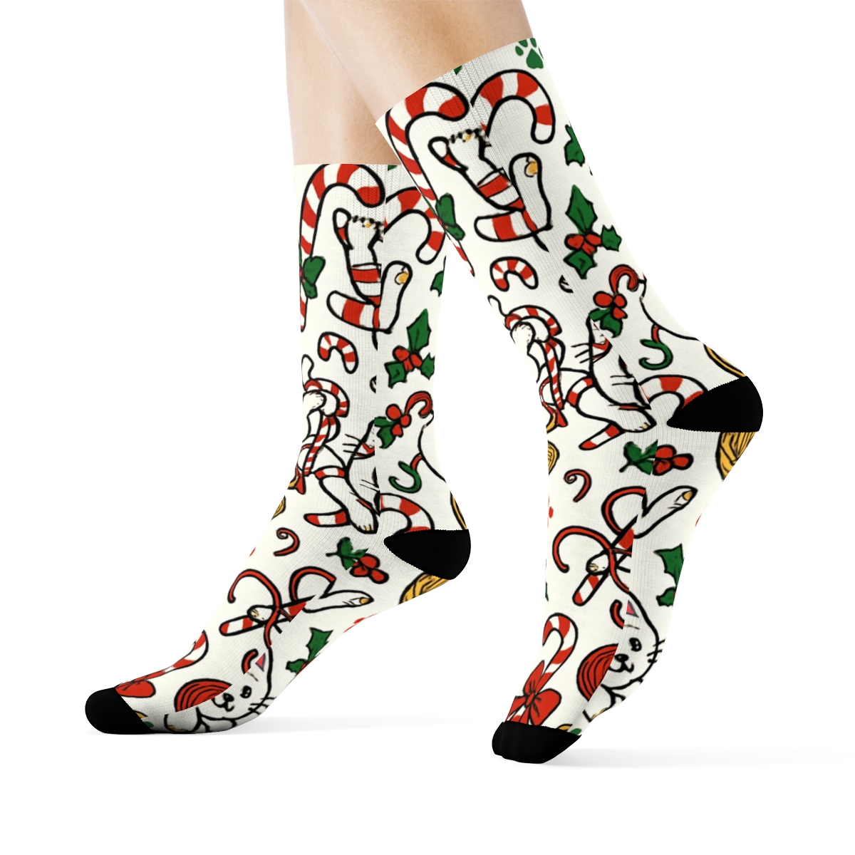 Candy Cane Cat Chaos On Snow White Field stylish athletic crew socks