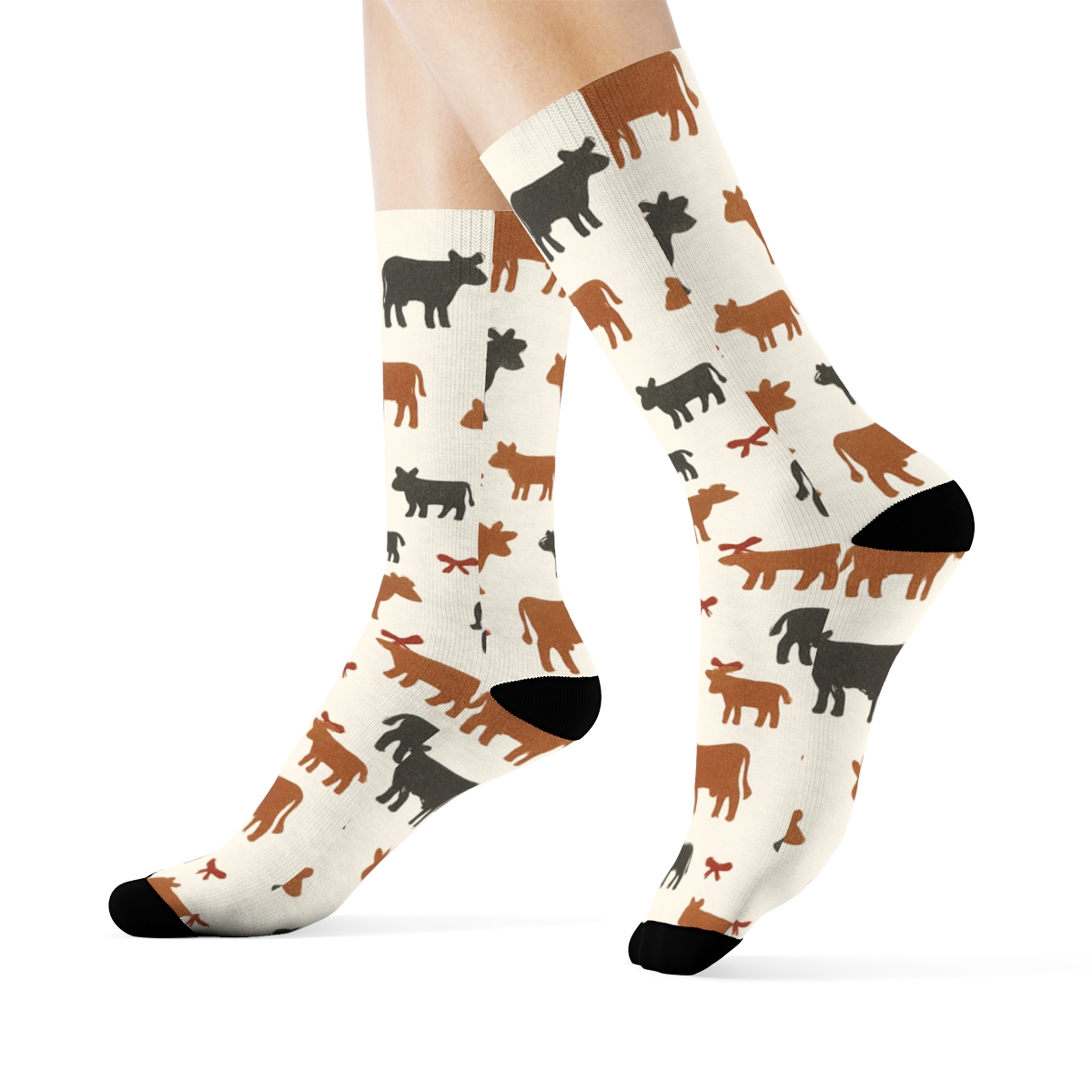 Playful Grazing Cow Silhouette Scatter designer printed crew socks