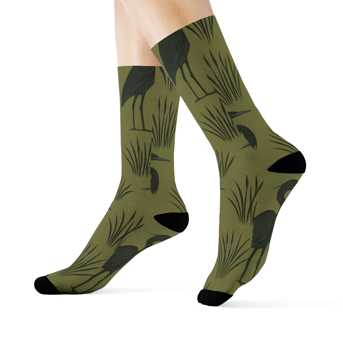 Heron Reed Silhouette Diagonal Array On Marsh Olive unique graphic crew socks