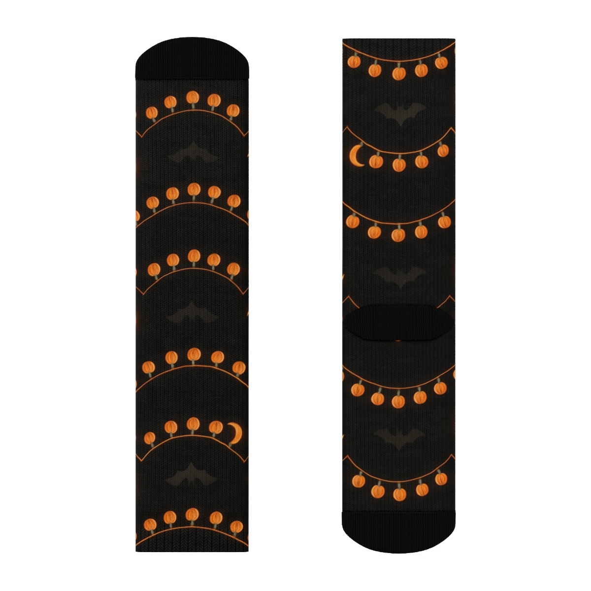 Crescent Moon Glow And Pumpkin Garland Repeat On Black Background trendy patterned crew socks