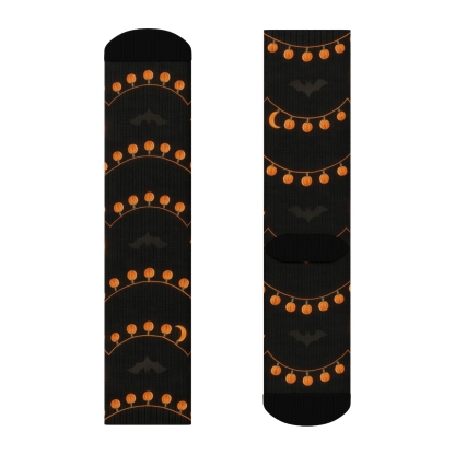Crescent Moon Glow And Pumpkin Garland Repeat On Black Background trendy patterned crew socks