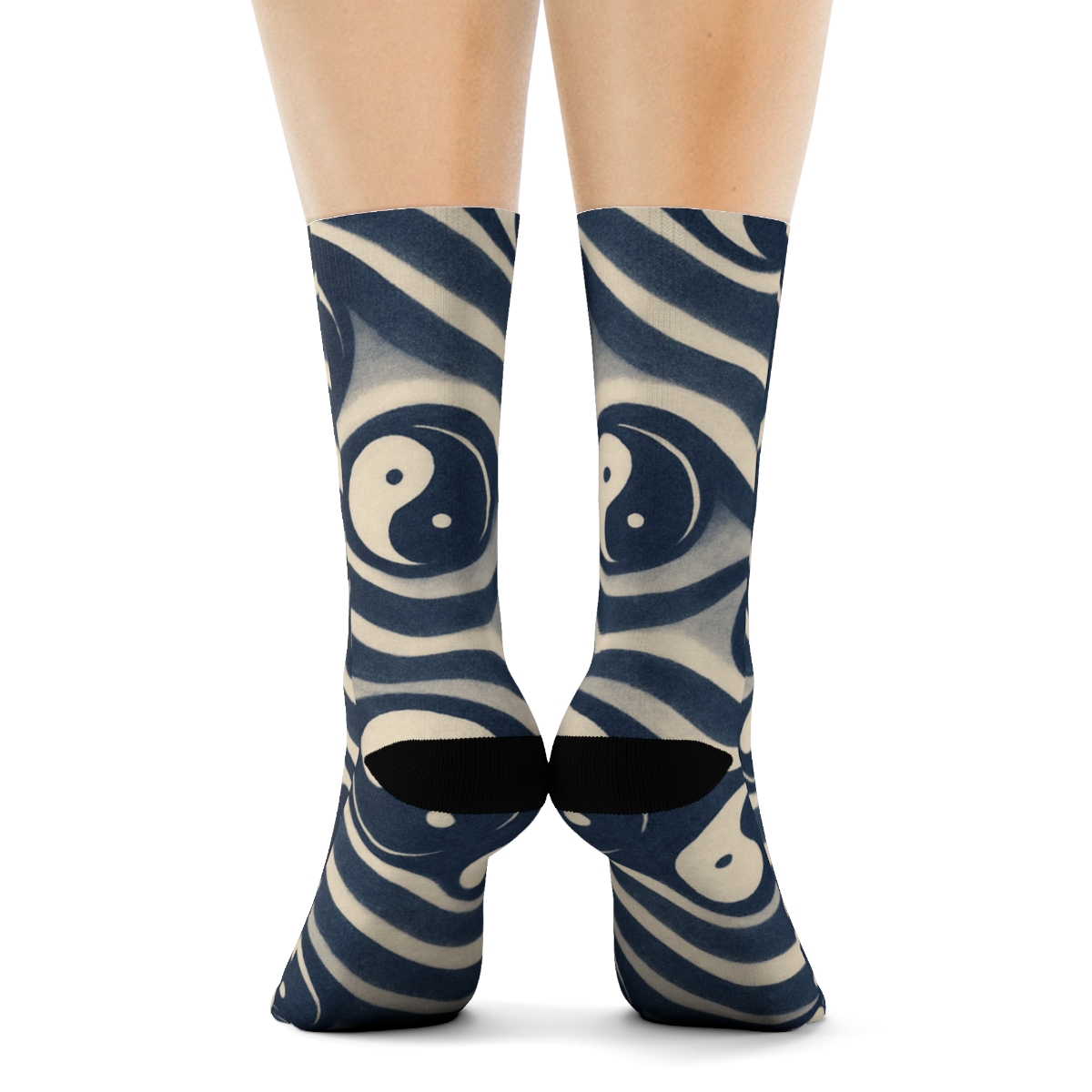 Indigo Koi Teardrop Waves On Pale Cream trendy patterned crew socks
