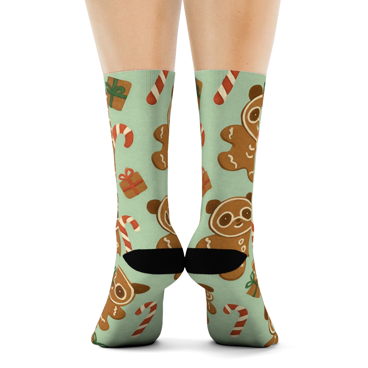 Gingerbread Panda Cookie Scatter On Mint Background stylish athletic crew socks