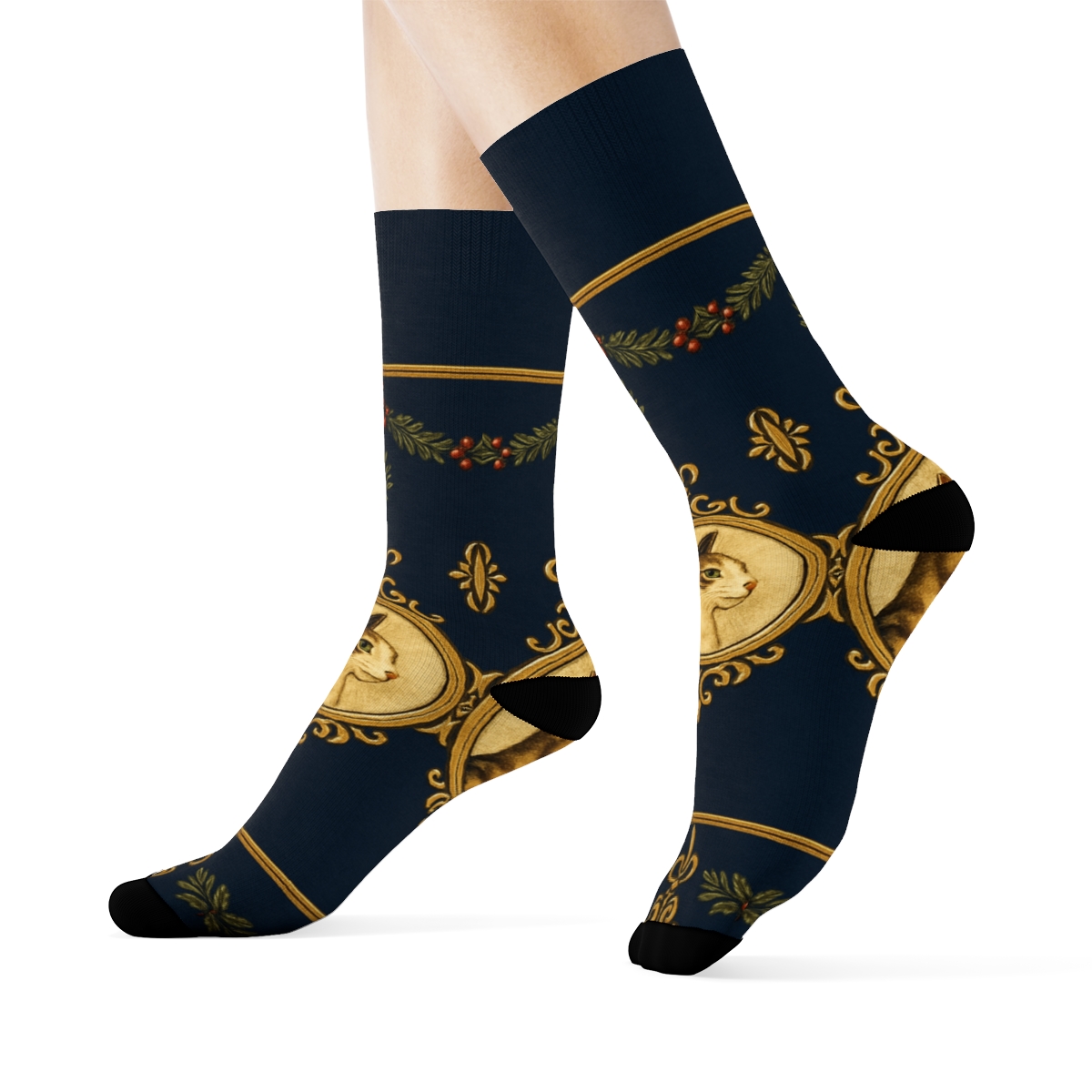 Golden Ornament Cat Parade designer printed crew socks