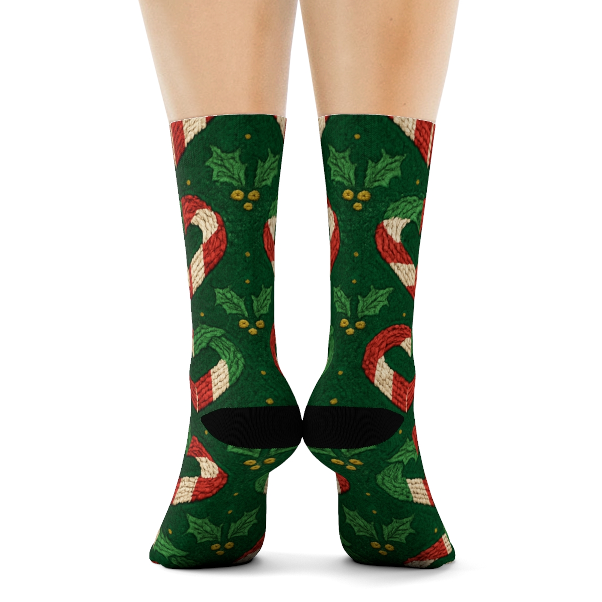 Candy Canes Chevron Hooks On Deep Green Background unique graphic crew socks