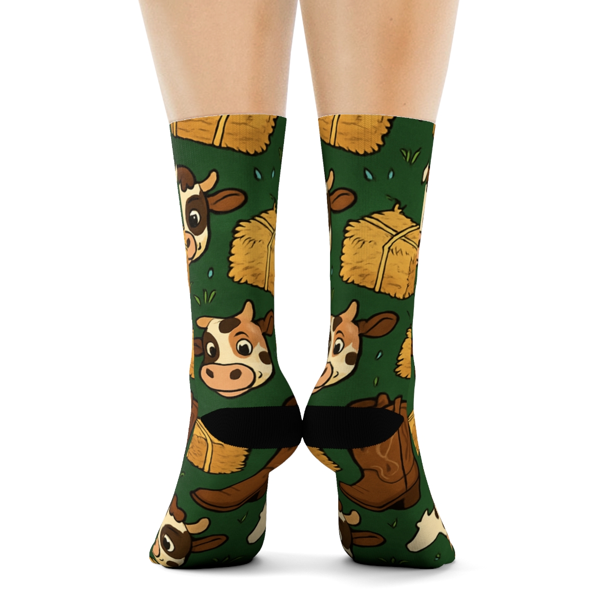 Boots And Hay Pattern With Cow unique graphic crew socks