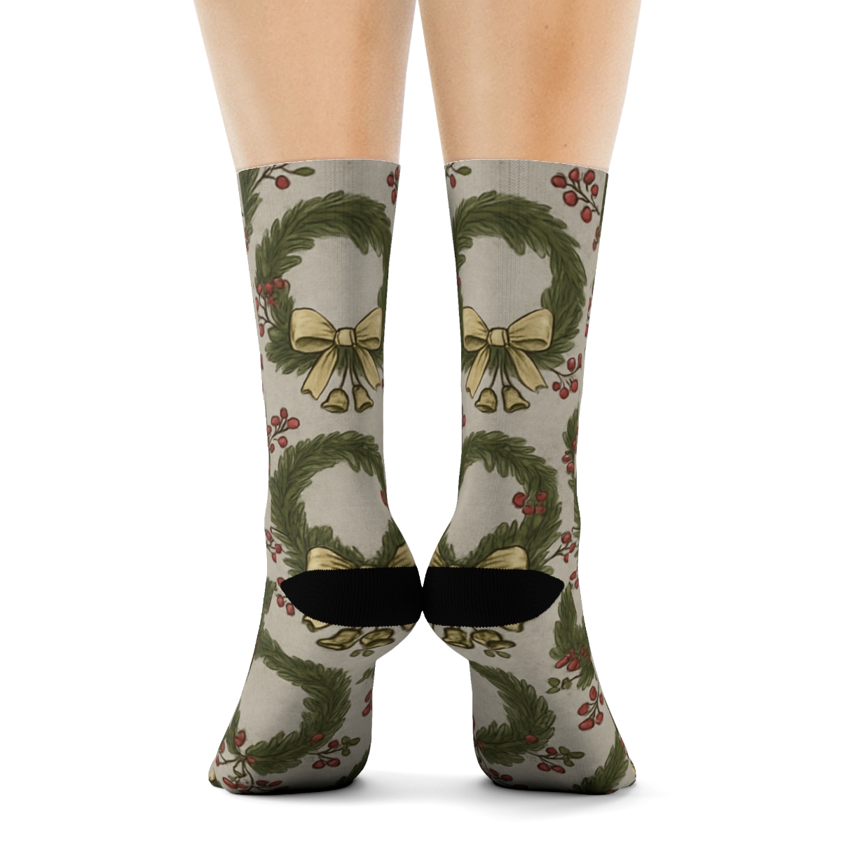 Ribbon Tied Wreath Lattice On Soft Silver unique graphic crew socks