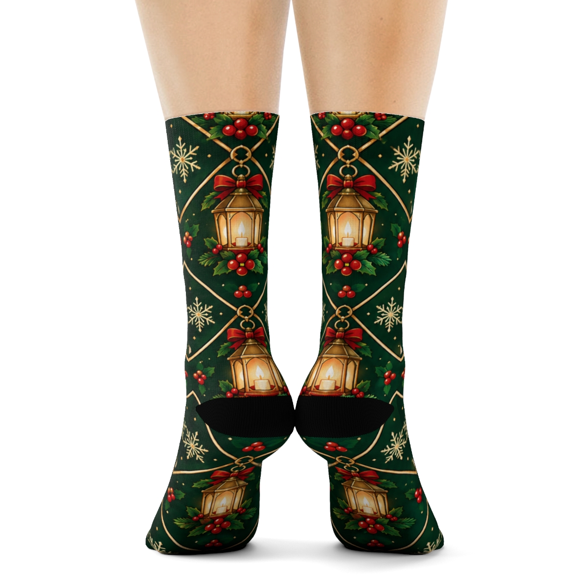 Crimson Alpaca Lantern Snowflake Diamond Repeat On Evergreen Background comfortable cotton crew socks [AI-fac2d24a-a56067ec9cf2]