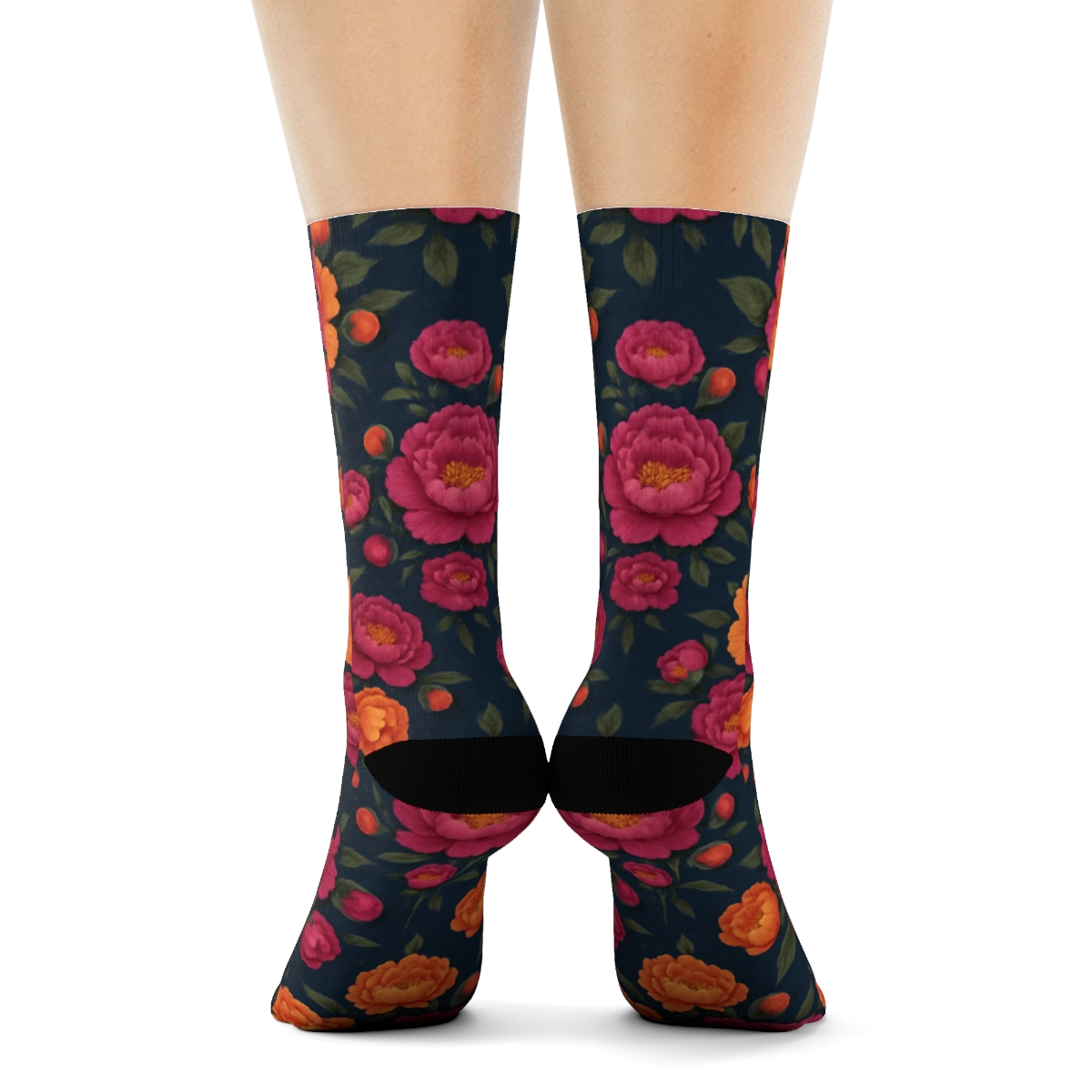 Sunset Peony Medallion Tessellation On Deep Navy Background unique graphic crew socks