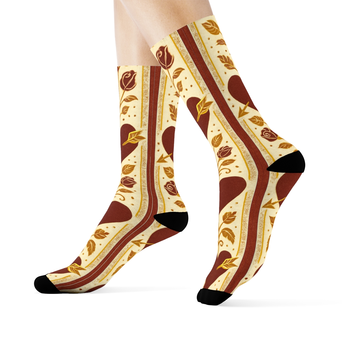 Mirrored Rose Vines Valentines Heart With Arrow Pattern Bands comfortable cotton crew socks