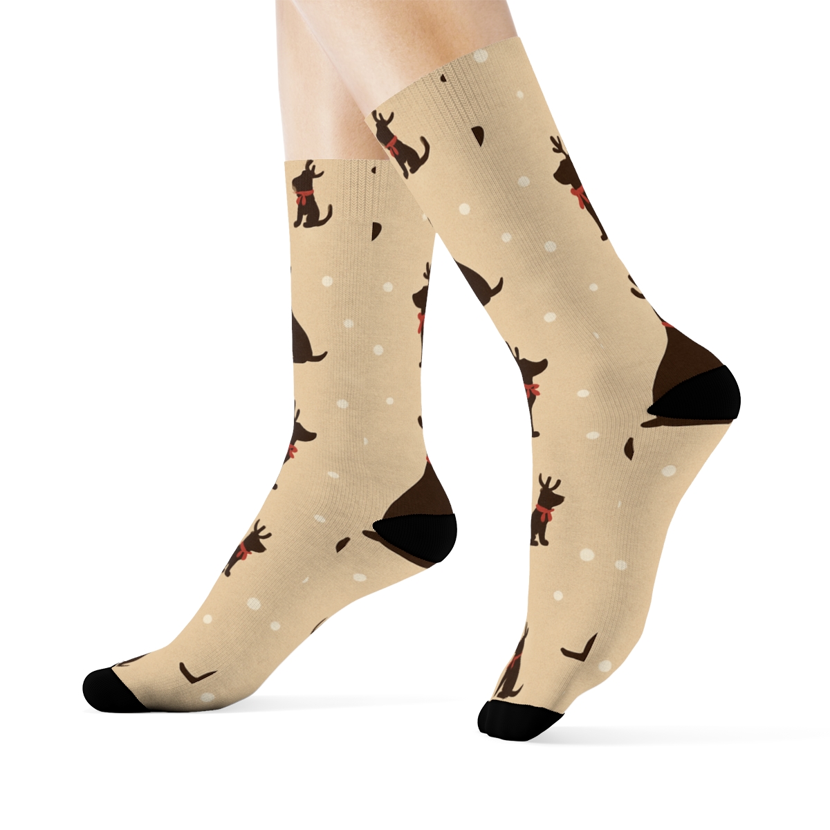 Reindeer Dog Sweater Silhouette Repeat On Beige Background custom crew socks