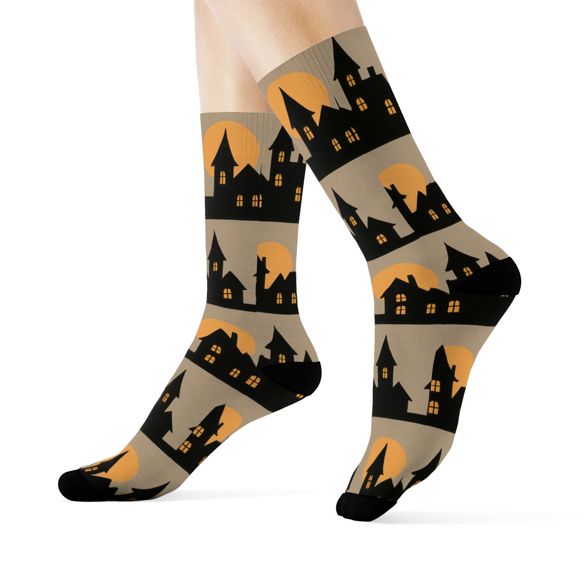 Haunted House Silhouette Rows With Orange Moon Glow On Proper Background unique graphic crew socks