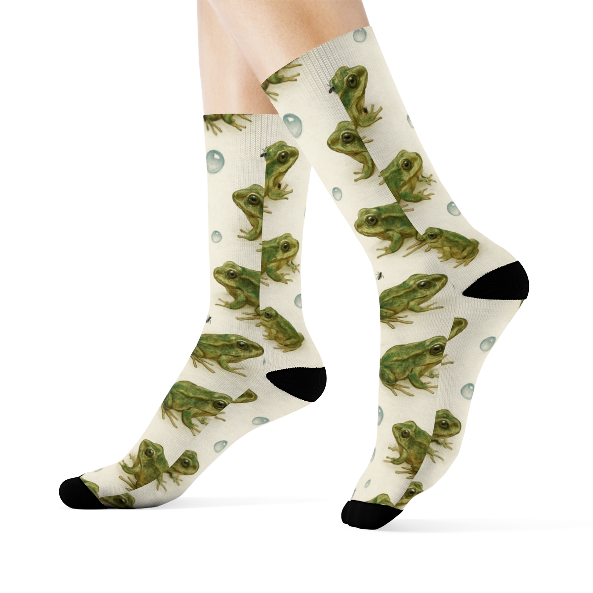 Rain Kissed Frog Scatter On Ivory trendy patterned crew socks