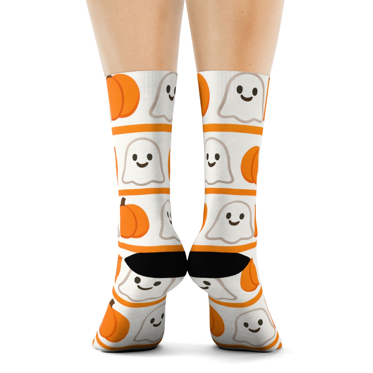 Ghost And Orange Pumpkin Alternating Stripes On White Background premium sports crew socks