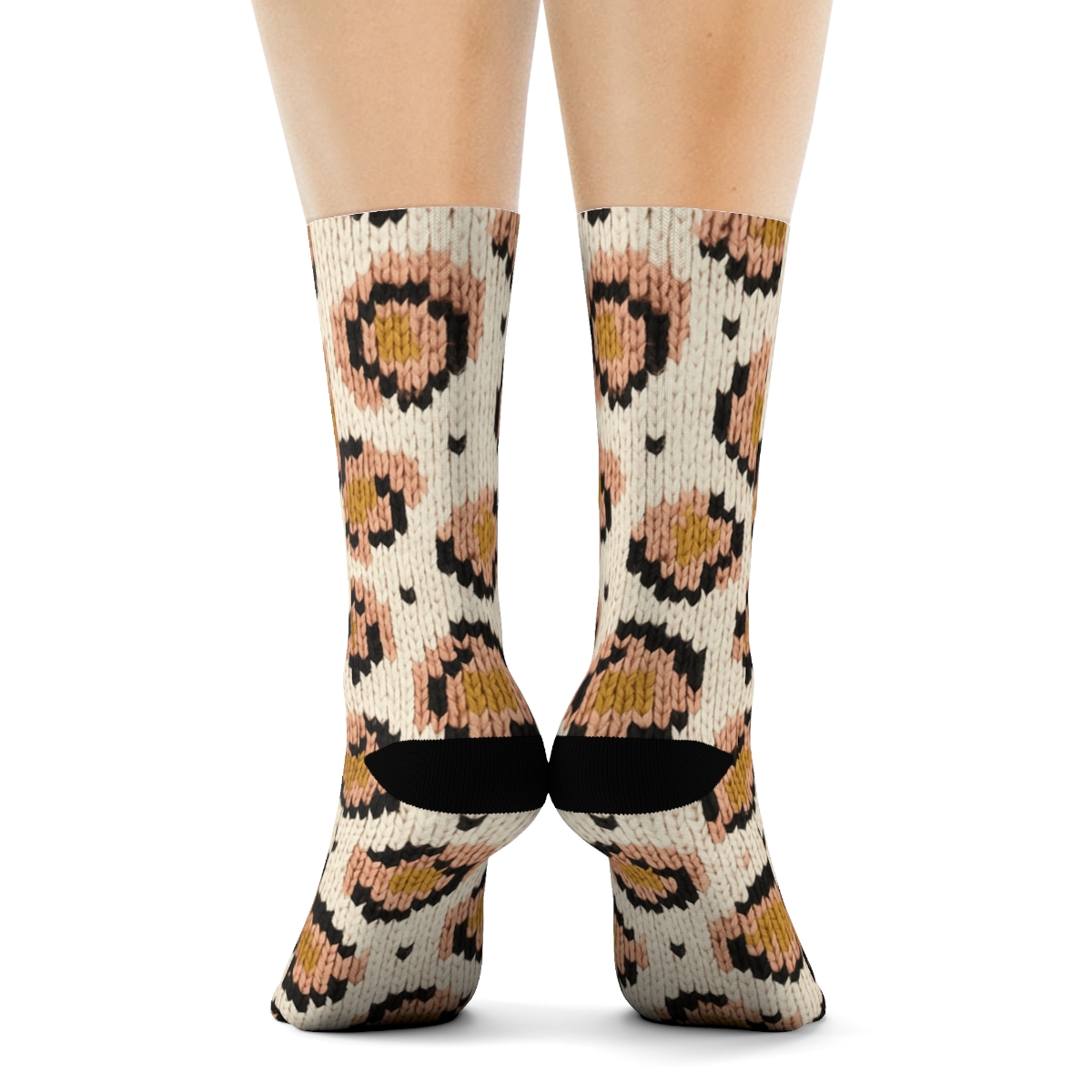 Blush Gold Rosette Knit Illusion On Ivory Background trendy patterned crew socks