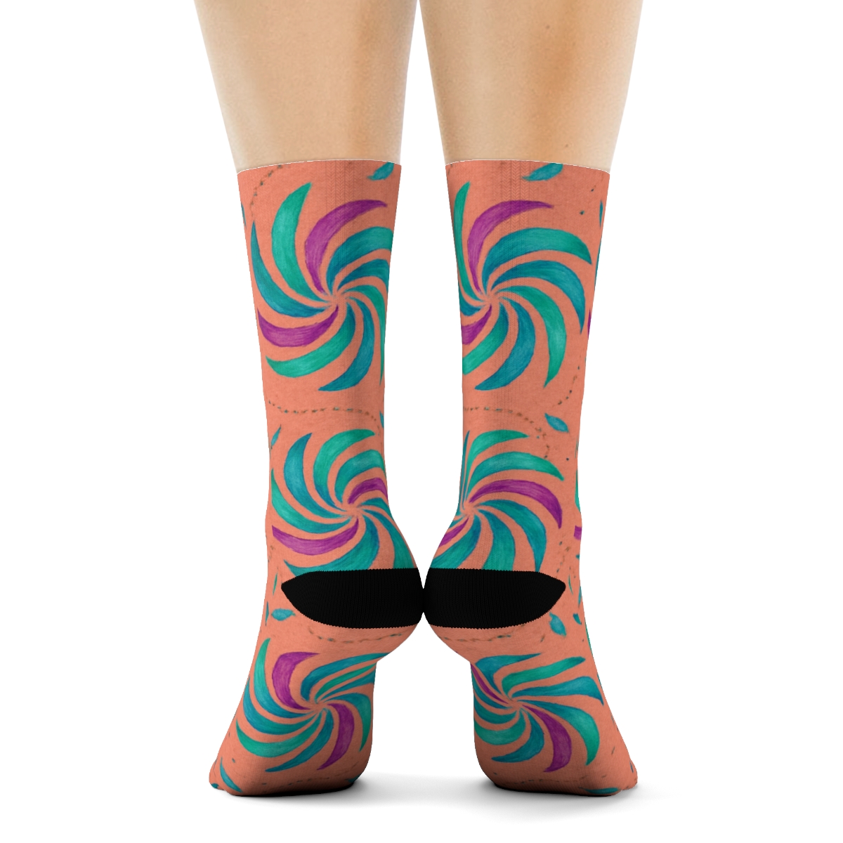 Hummingbird Wing Spiral Rosettes On Coral Background personalized crew socks