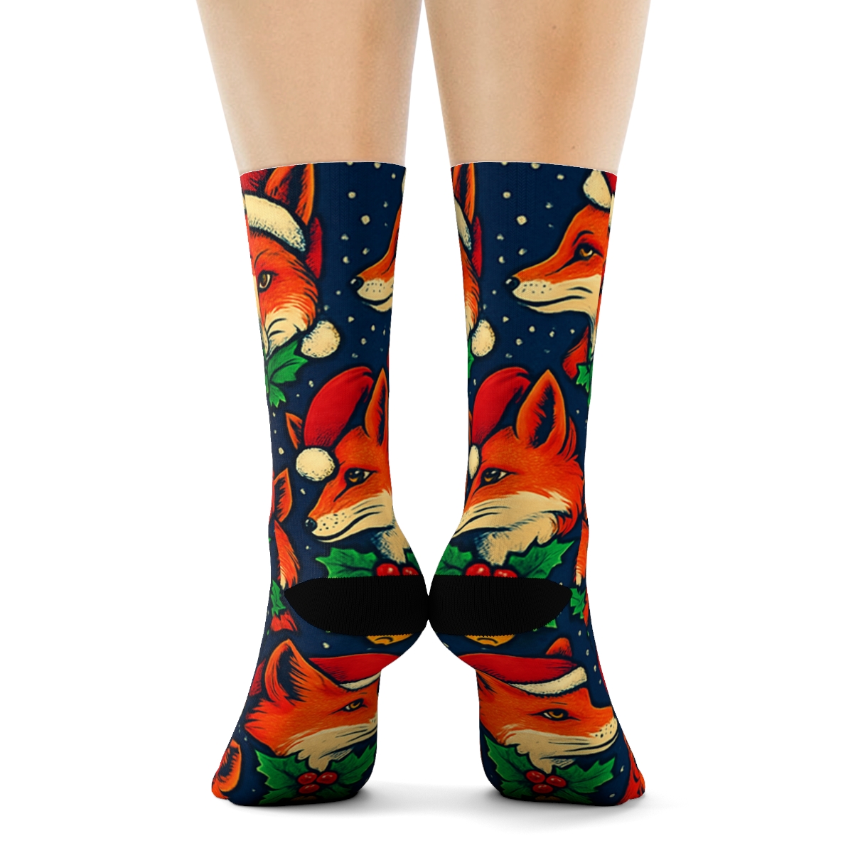 Holly Collar Fox Lattice On Deep Navy Background trendy patterned crew socks