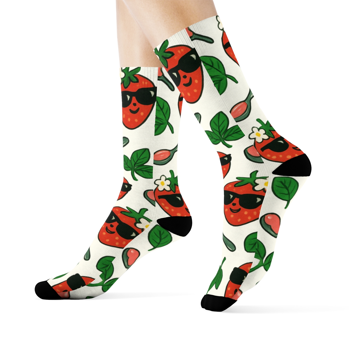 Playful Strawberry Character Scatter On White stylish athletic crew socks