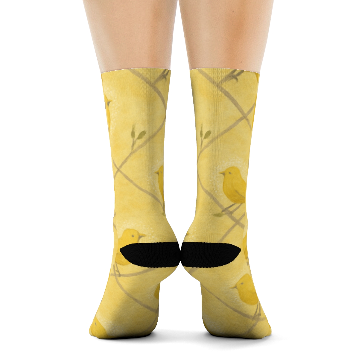 Canary Songburst Dots And Perch Lattice On Pastel Yellow Background trendy patterned crew socks