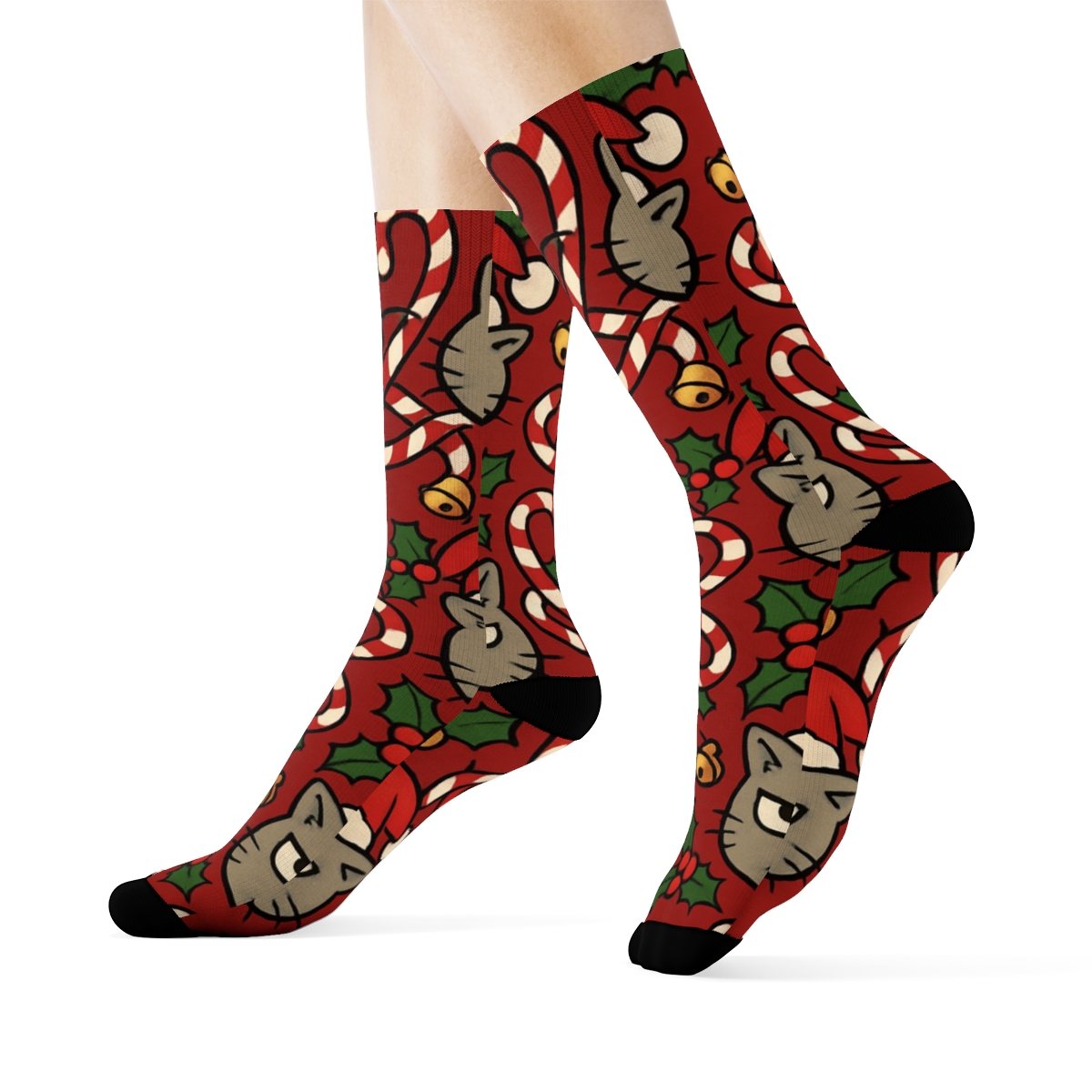 Candy Cane Cat Chaos Tessellation On Holly Red Background designer printed crew socks