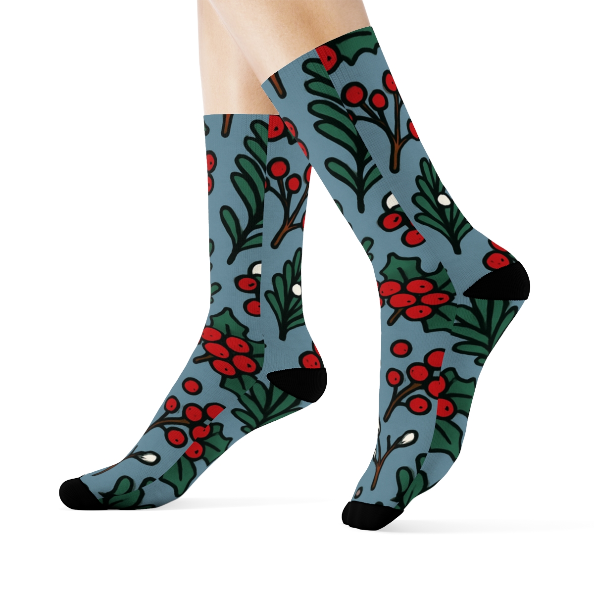 Fir Sprig Cartoons In Evergreen Branches Repeat designer printed crew socks