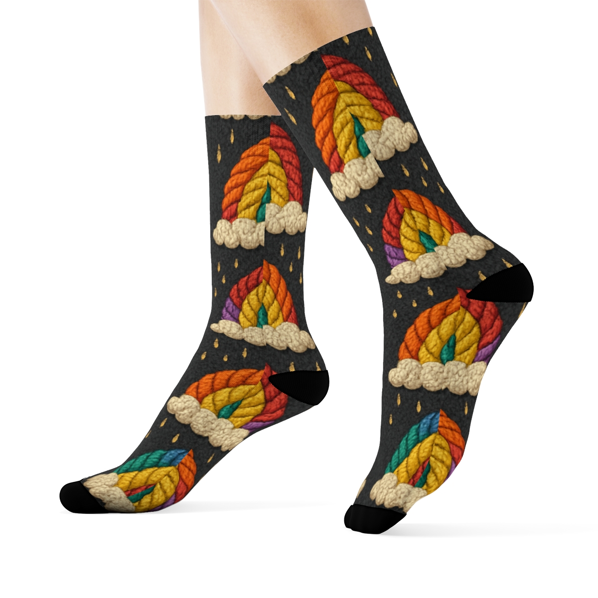 Knitted Rainbow Arc Cable Tiles On Midnight Charcoal premium sports crew socks